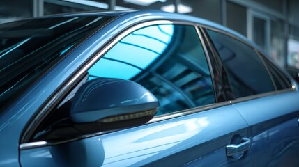 Fototapeta premium Side view of car window tint, ceramic film provides heat rejection and UV protection with stable color, car film installed on the glass surface of the , selected focus car tinting service