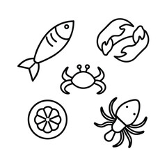 Simple black and white line art seafood icons depicting fish crab octopus and lemon wedge
