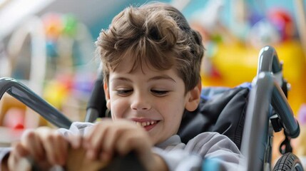 Celebrating inclusion and diversity a boy in a wheelchair joyfully engages with friends at school - Powered by Adobe
