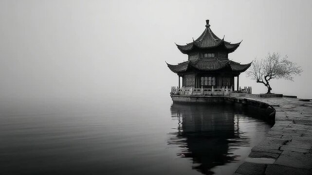 Monochromatic Serenity: A Chinese Pagoda Embraced by Fog and Water Landscape
