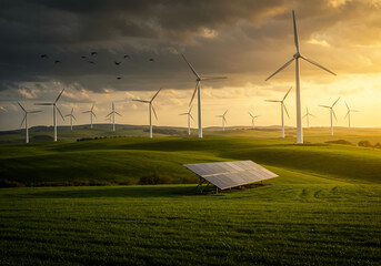 Obraz premium HDR Golden Hour Renewable Energy Landscape with Wind Turbines and Solar Panels