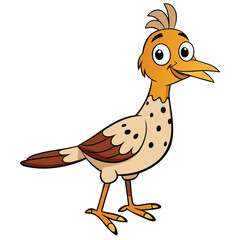 Cartoon roadrunner with brown spots and distinctive crest stands cheerfully on a white background