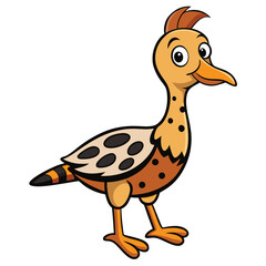 Friendly orange bird with brown spots and stripes stands smiling on a white background