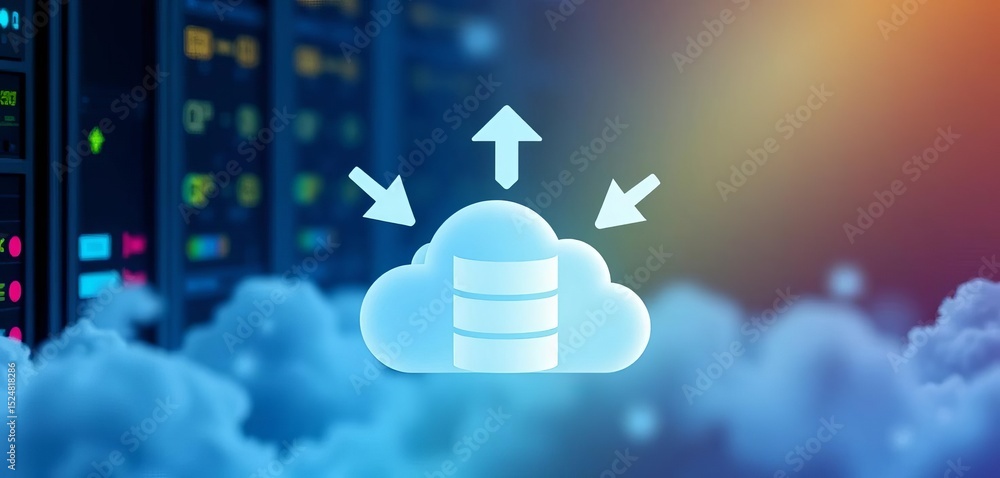 Poster database server uploading data to cloud storage, symbolized by arrows and icons, data, cybersecurity