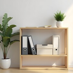 Organized Wooden Office Shelf with File Boxes and Plant