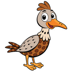 Cheerful cartoon bird with brown spots and orange beak smiles happily on white
