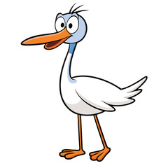 Cheerful cartoon stork with an orange beak and legs joyfully strolls along