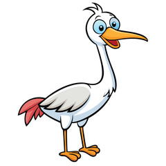 Cheerful cartoon stork with expressive eyes joyfully stands on a bright white background