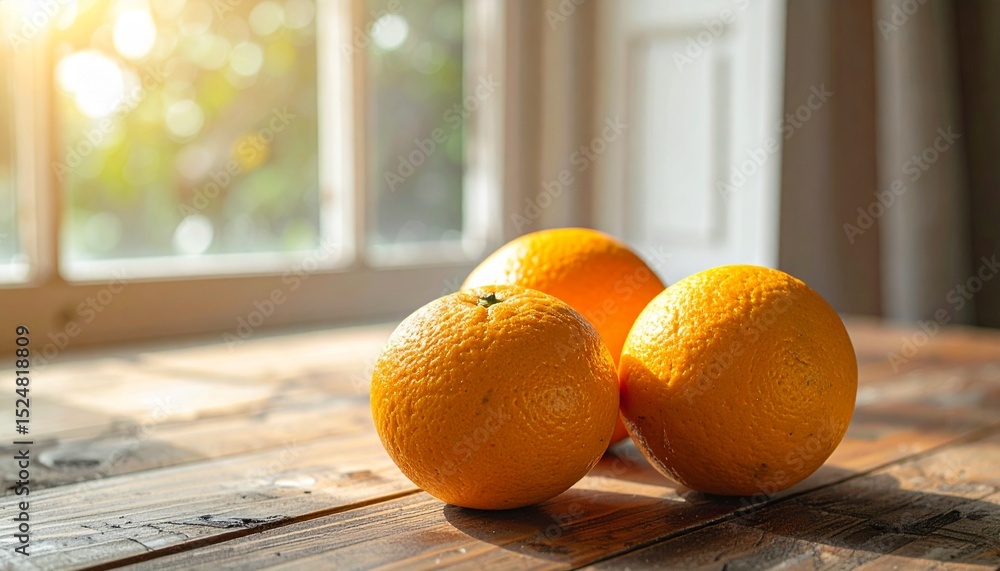 Poster oranges in soft light on rustic wooden table near window perfect any project. ai
