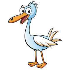 Smiling cartoon bird stands playfully with mouth open and big eyes on white