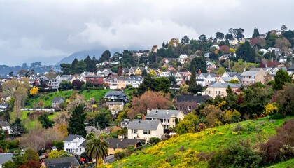 Obraz premium Overcast Day View of Densely Clustered Historic Houses on Hillside Perfect Any Project. AI 