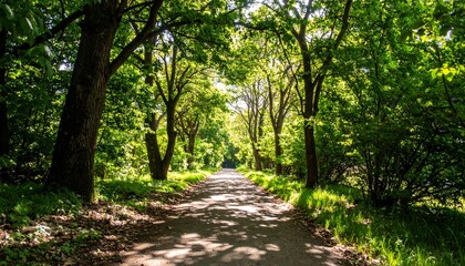 Obraz premium Sun Dappled Path Through Lush Green Trees Perfect Any Project. AI 