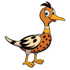 Joyful cartoon duck with brown spots stands cheerfully on a bright white surface