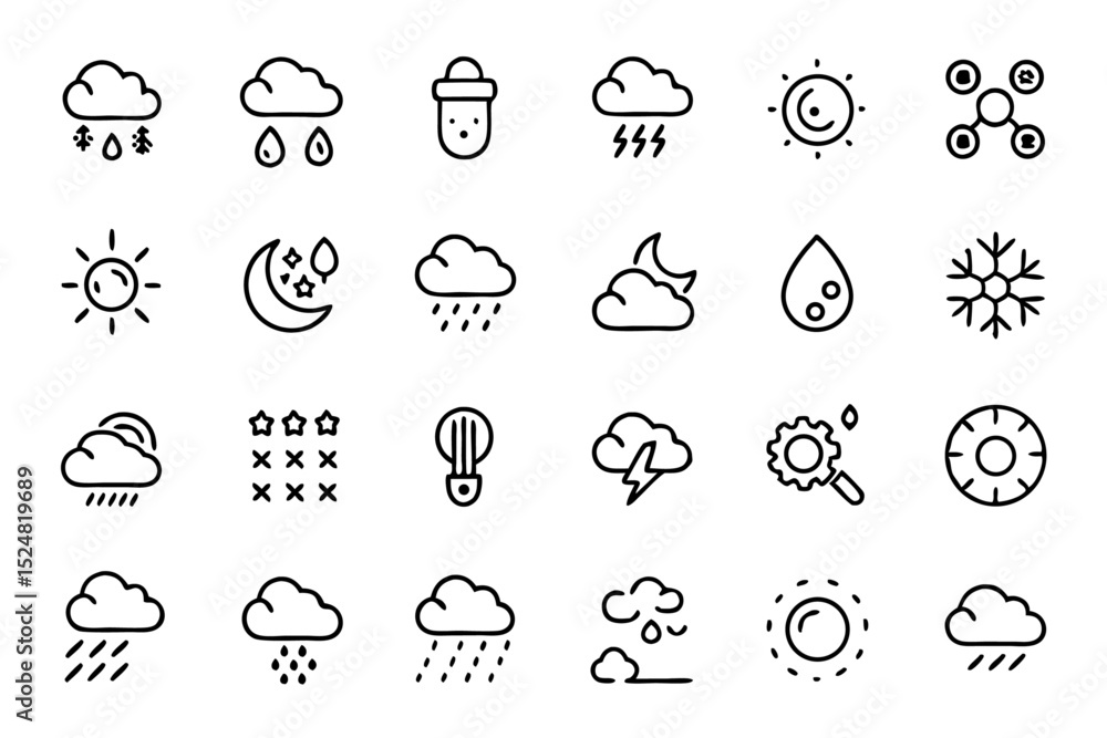 Poster weather meteorology icon set editable stroke outline isolated on transparent background