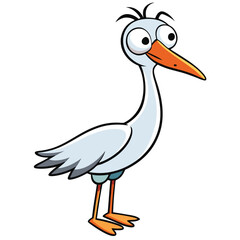 Cartoon stork with an orange beak looks surprised as it stands on its feet