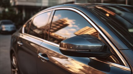 Side view of car window tint, ceramic film provides heat rejection and UV protection with stable color, car film installed on the glass surface of the , selected focus car tinting service