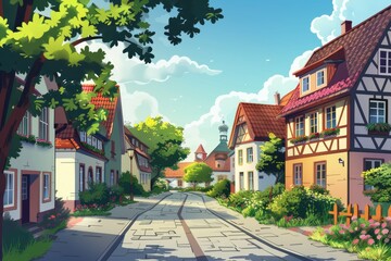 High Detail Visual of German Village Street Illustration with Traditional Houses