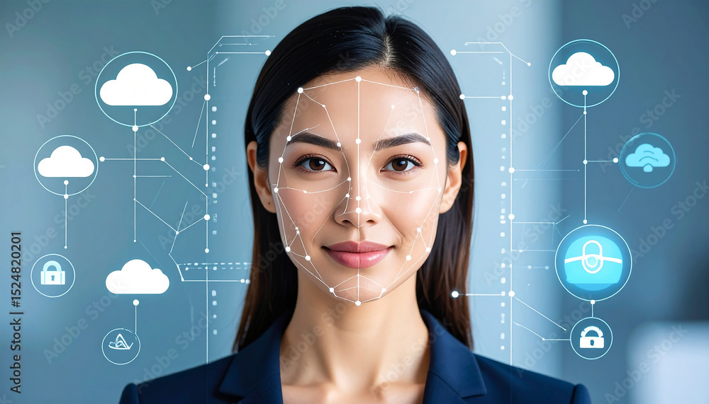 Poster facial recognition and ai technology: a portrait of a woman's face is superimposed with a futuristic