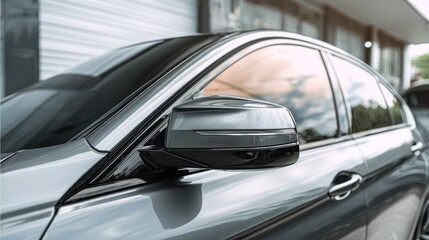 Side view of car window tint, ceramic film provides heat rejection and UV protection with stable color, car film installed on the glass surface of the , selected focus car tinting service