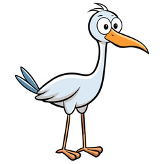 Cartoon stork with big eyes and orange beak stands attentively on a white background