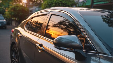 Side view of car window tint, ceramic film provides heat rejection and UV protection with stable color, car film installed on the glass surface of the , selected focus car tinting service