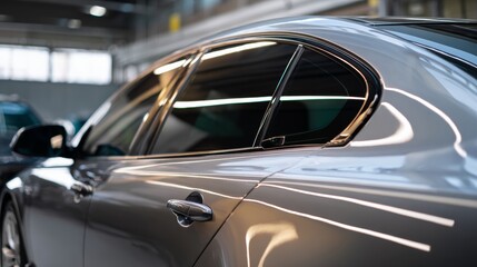 Fototapeta premium Side view of car window tint, ceramic film provides heat rejection and UV protection with stable color, car film installed on the glass surface of the , selected focus car tinting service