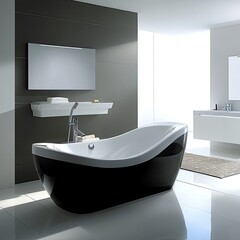 Modern black and white bathtub in a minimalist bathroom