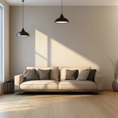 Sunlit living room with beige sofa, light wood floors, and minimalist pendant lights