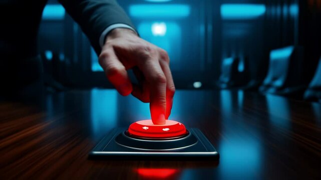 Zoom in closeup of business man hand pressing red emergency button in blue lit crisis conference room, concept for decision making urgency
