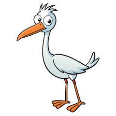 Humorous bird cartoon standing with big eyes and an orange beak looks whimsical