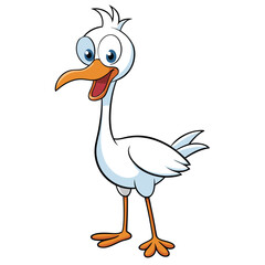 Cheerful cartoon stork struts confidently, showcasing its bright plumage and comical expression