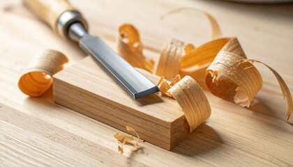 Close Up Of Chisel And Wood Shavings