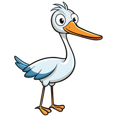 Cartoon stork presents a comical pose with distinct orange beak and blue tail