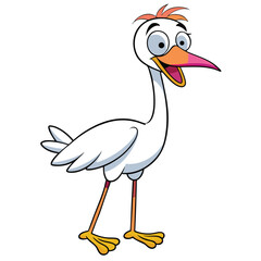 Cartoon stork with orange hair appears surprised and is standing on yellow feet