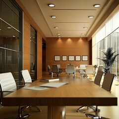 Fototapeta premium Modern, sunlit office with wood paneling, large windows, and a conference table