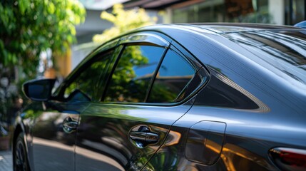 Naklejka premium Side view of car window tint, ceramic film provides heat rejection and UV protection with stable color, car film installed on the glass surface of the , selected focus car tinting service