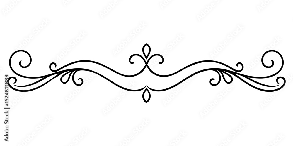 Poster elegant vintage scroll divider with fine line work on transparent background