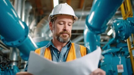 Engineer's Vision: A skilled engineer, immersed in his craft, diligently studies blueprints within the complex machinery of an industrial facility, conveying his dedication and expertise.