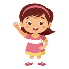 Obraz premium Cheerful Cartoon Girl Waving Hand, Wearing Pink Dress and Headband Illustration