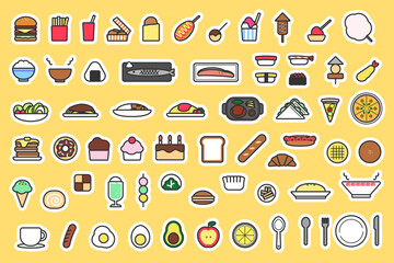 ステッカー風ポップでかわいい料理アイコンセットイラスト