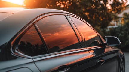 Side view of car window tint, ceramic film provides heat rejection and UV protection with stable color, car film installed on the glass surface of the , selected focus car tinting service