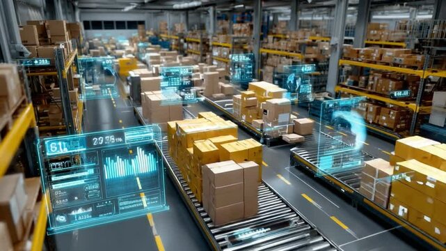 Smart Logistics: A cutting-edge warehouse, filled with automated systems, and meticulously organized stock, epitomizes the future of efficient distribution.