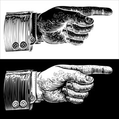 Plakat A hand pointing a finger in an etched vintage woodcut style