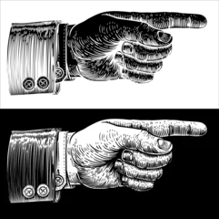 Fotobehang A hand pointing a finger in an etched vintage woodcut style © Christos Georghiou
