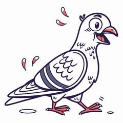 Cheerful cartoon pigeon struts happily with a wide, excited expression on its face