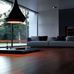 Modern living room with large windows, hardwood floors, and minimalist furniture