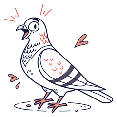 Excited pigeon with surprised expression flapping cheerfully appears to celebrate something with heart symbols