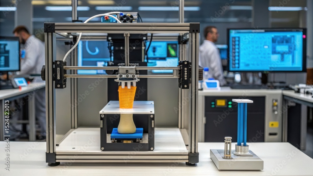Poster advanced 3d printer in a modern lab setting, showcasing technological innovation and precision in ma