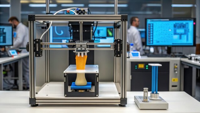 Advanced 3D printer in a modern lab setting, showcasing technological innovation and precision in manufacturing processes.