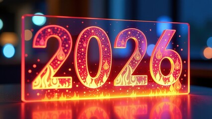 Glowing led display of 2026 with flames and bright bokeh background. New Year's background